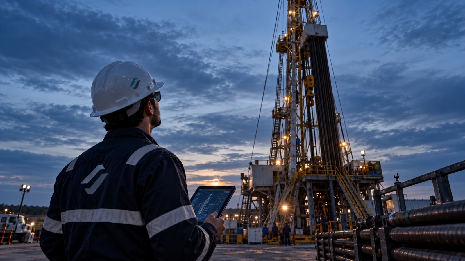 Ingeniero supervisando un equipo de perforación al atardecer