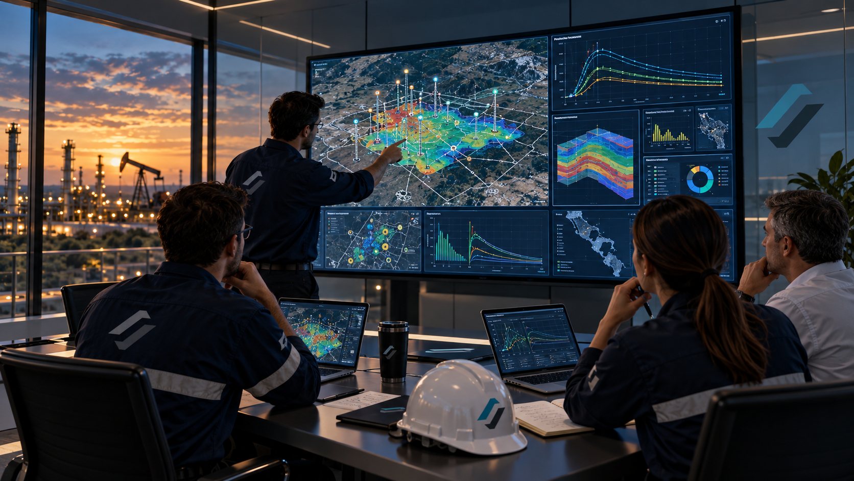 Equipo de NewPick revisando datos operacionales y mapas de producción en sala de control