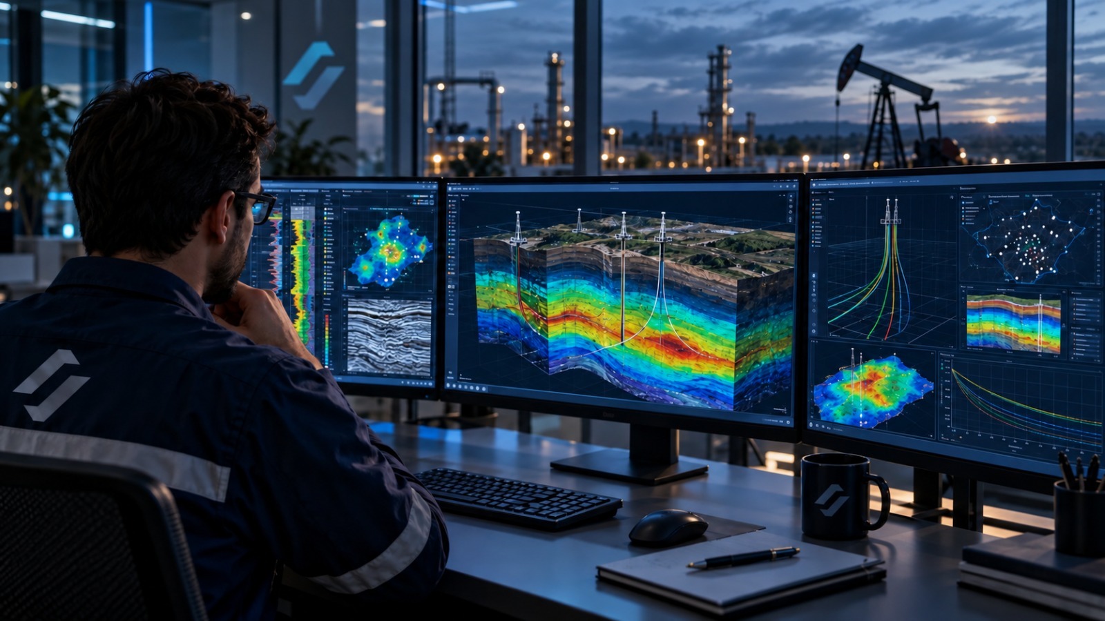 Especialista analizando modelos geológicos y sísmicos 3D del yacimiento